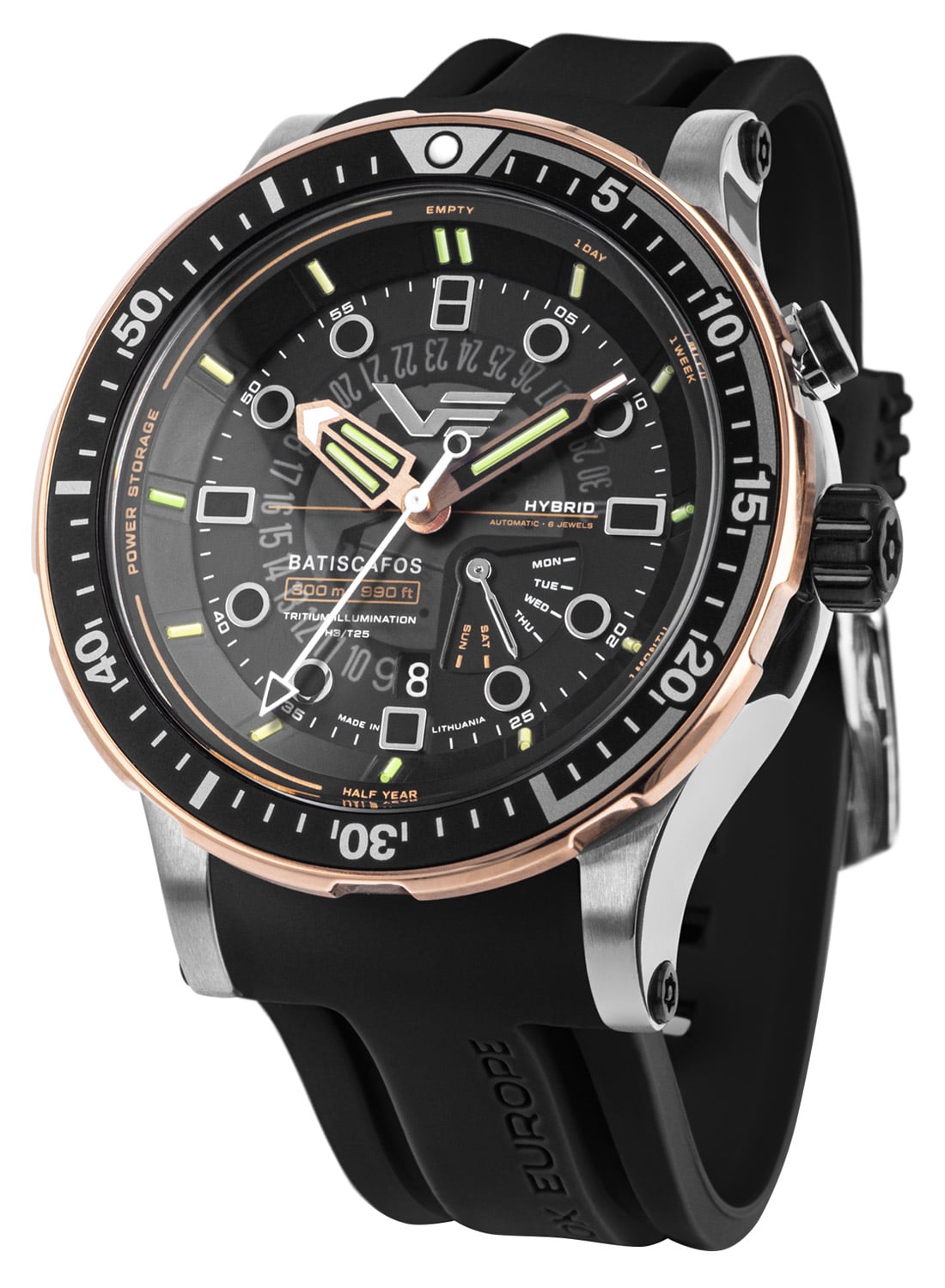 Herren-Taucheruhr mit schwarzem Silikonarmband, schwarzem Zifferblatt und roséfarbener Lünette.