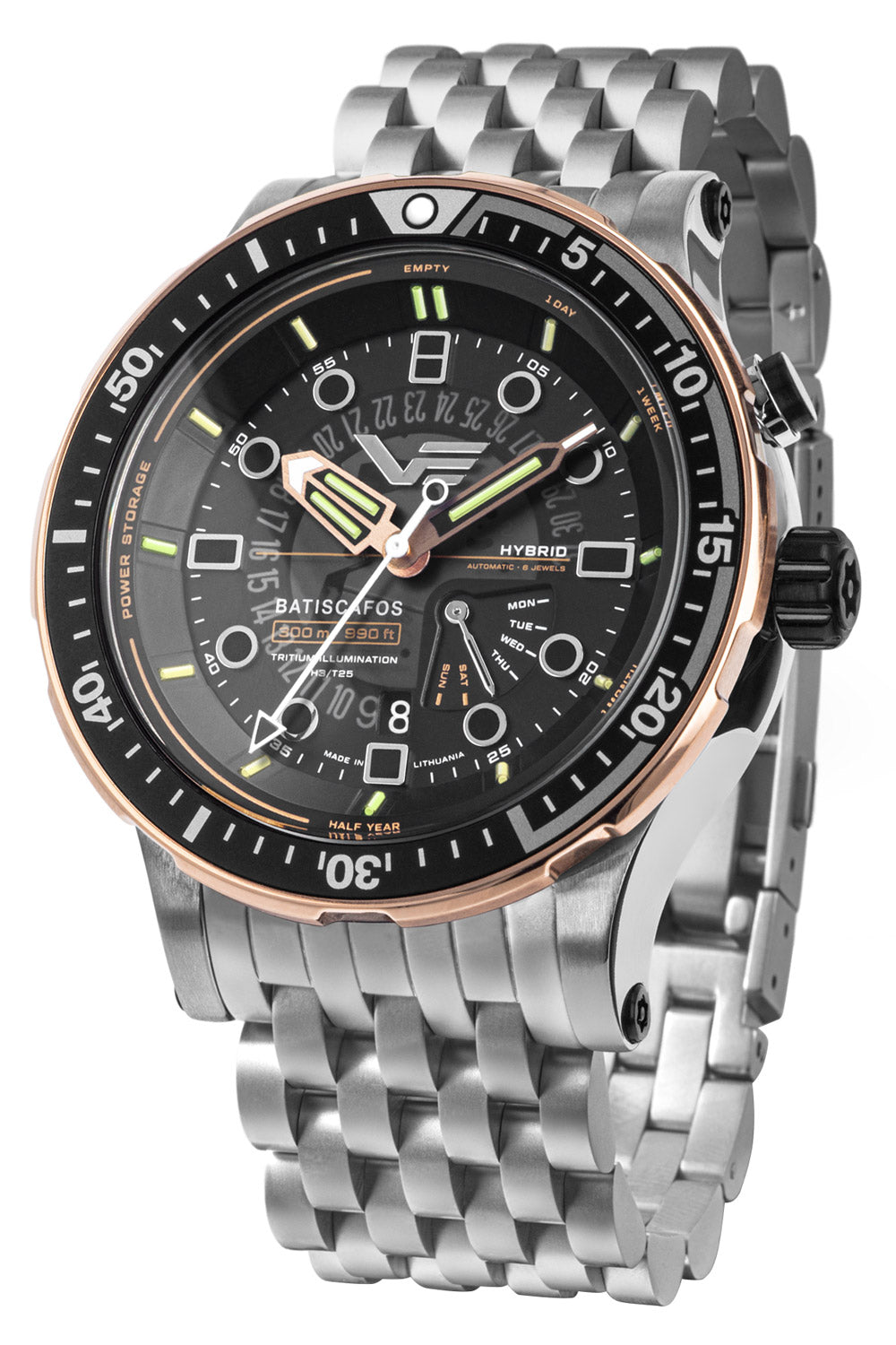 Vostok Europe Batiscafos Hybrid-Armbanduhr, Stahlband, schwarzes Zifferblatt mit Datum