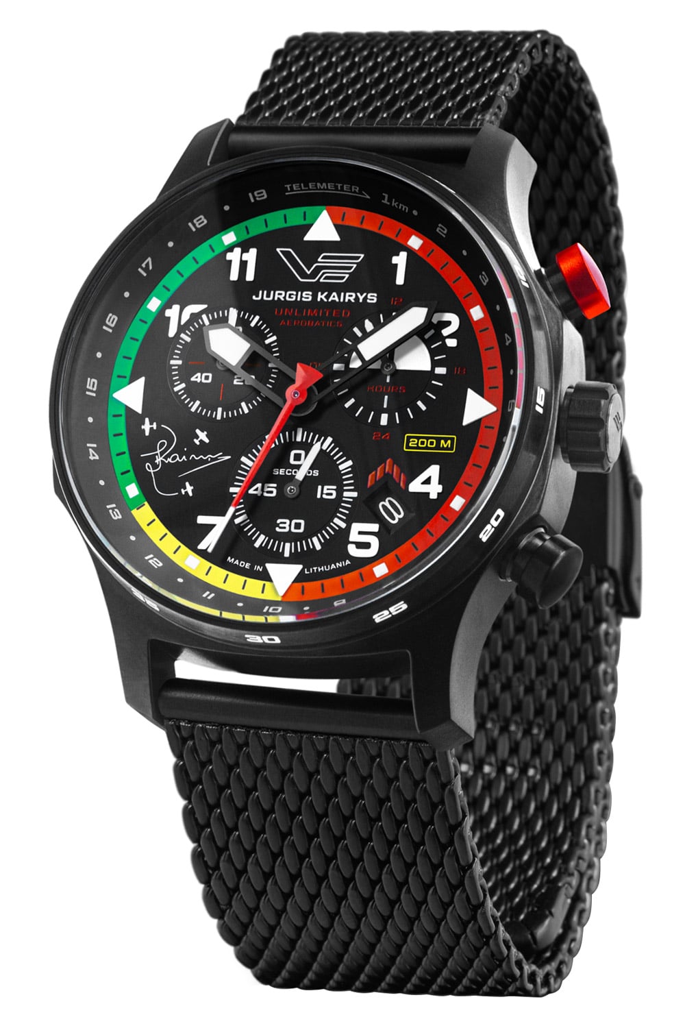 Herren-Quarzchronograph mit schwarzem Zifferblatt, schwarzem Mesharmband und farbigen Skalen