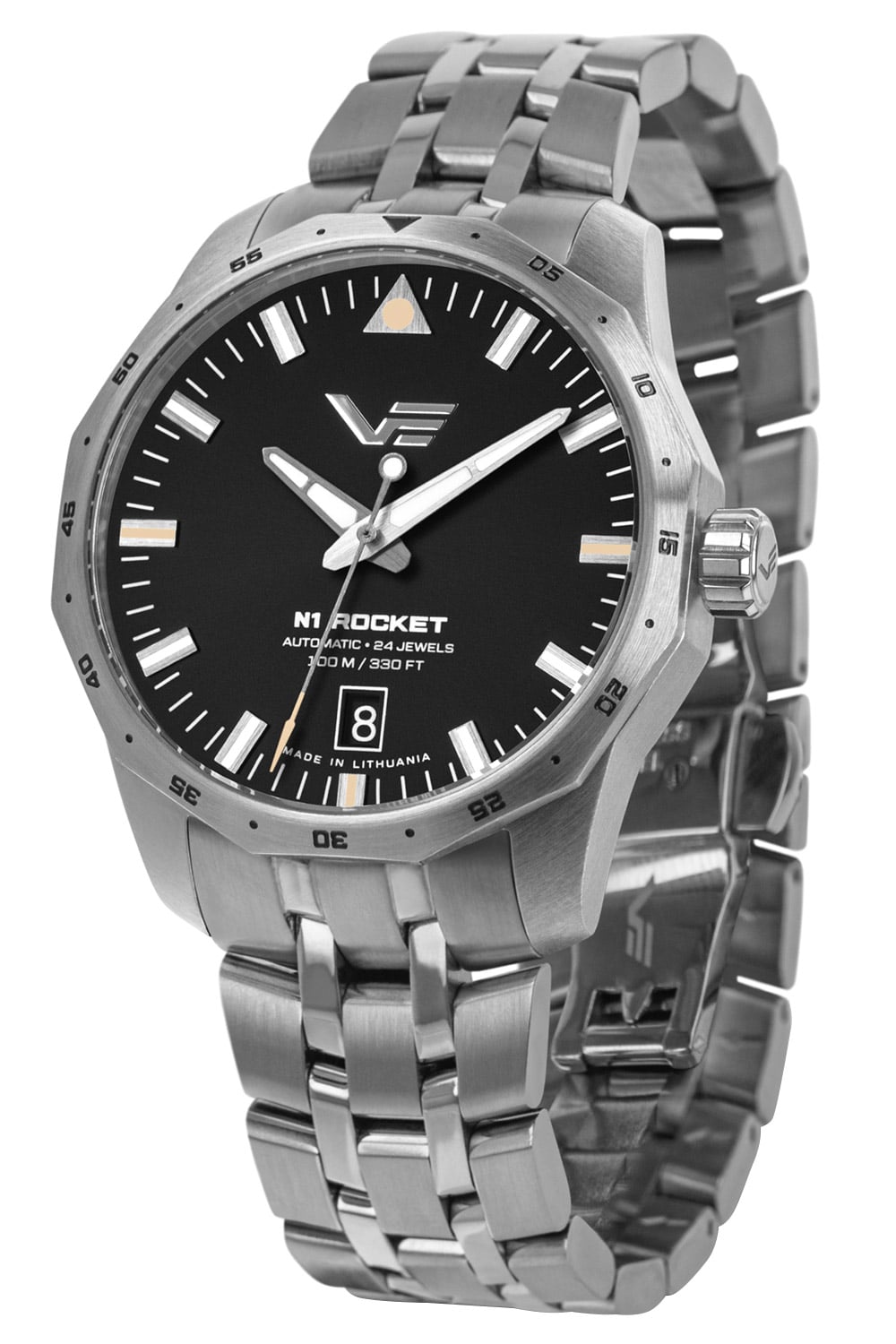 Vostok Europe Herrenarmbanduhr: Edelstahlarmband, schwarzes Zifferblatt, Leuchtindizes