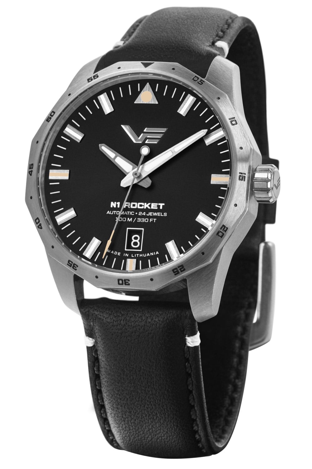 Herren-Automatikuhr Vostok Europe Rocket N1 mit schwarzem Zifferblatt und Lederarmband