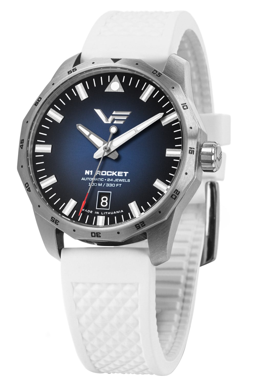 Vostok Europe Herrenuhr: weißes Silikonarmband, silbernes Gehäuse, schwarzes Zifferblatt