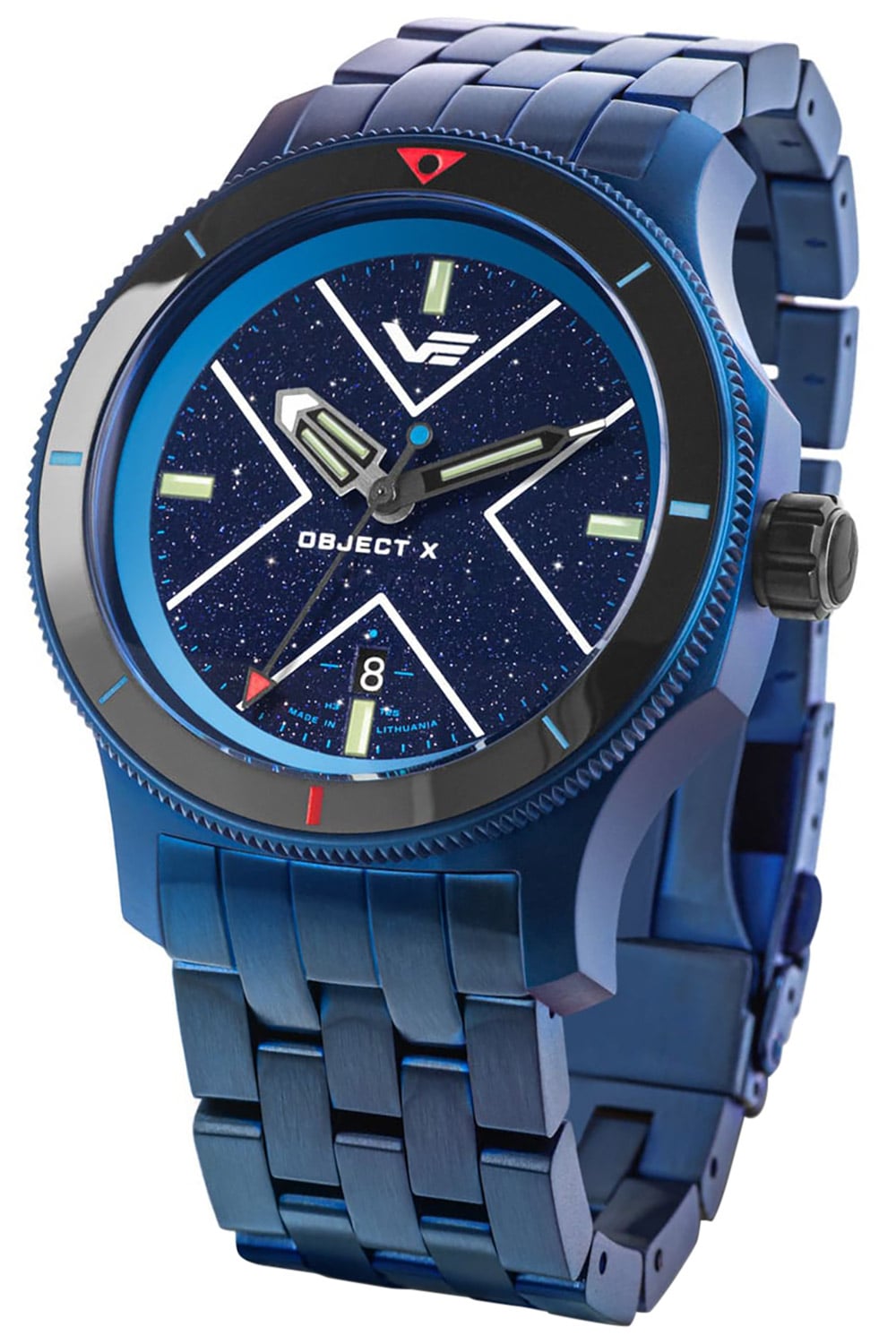 Herrenarmbanduhr mit blauem Metallband, blauem Zifferblatt mit Leuchtmarkierungen