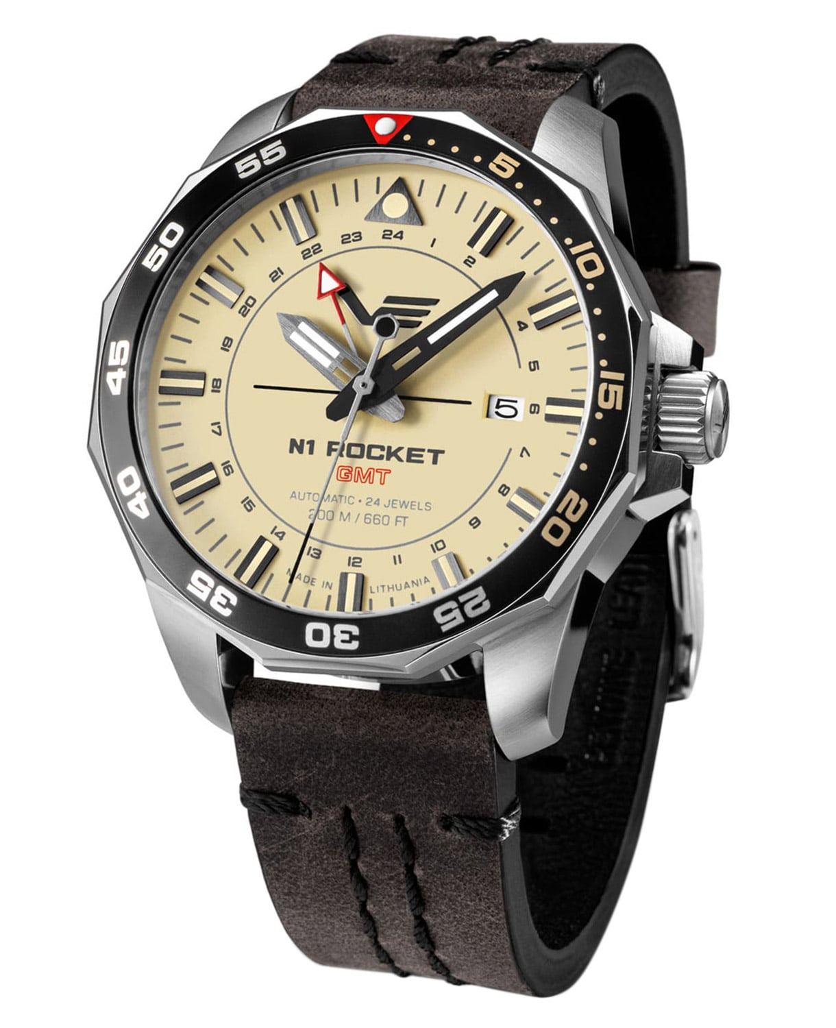 Herrenarmbanduhr mit braunem Lederband, beigem Zifferblatt und Leuchtindizes