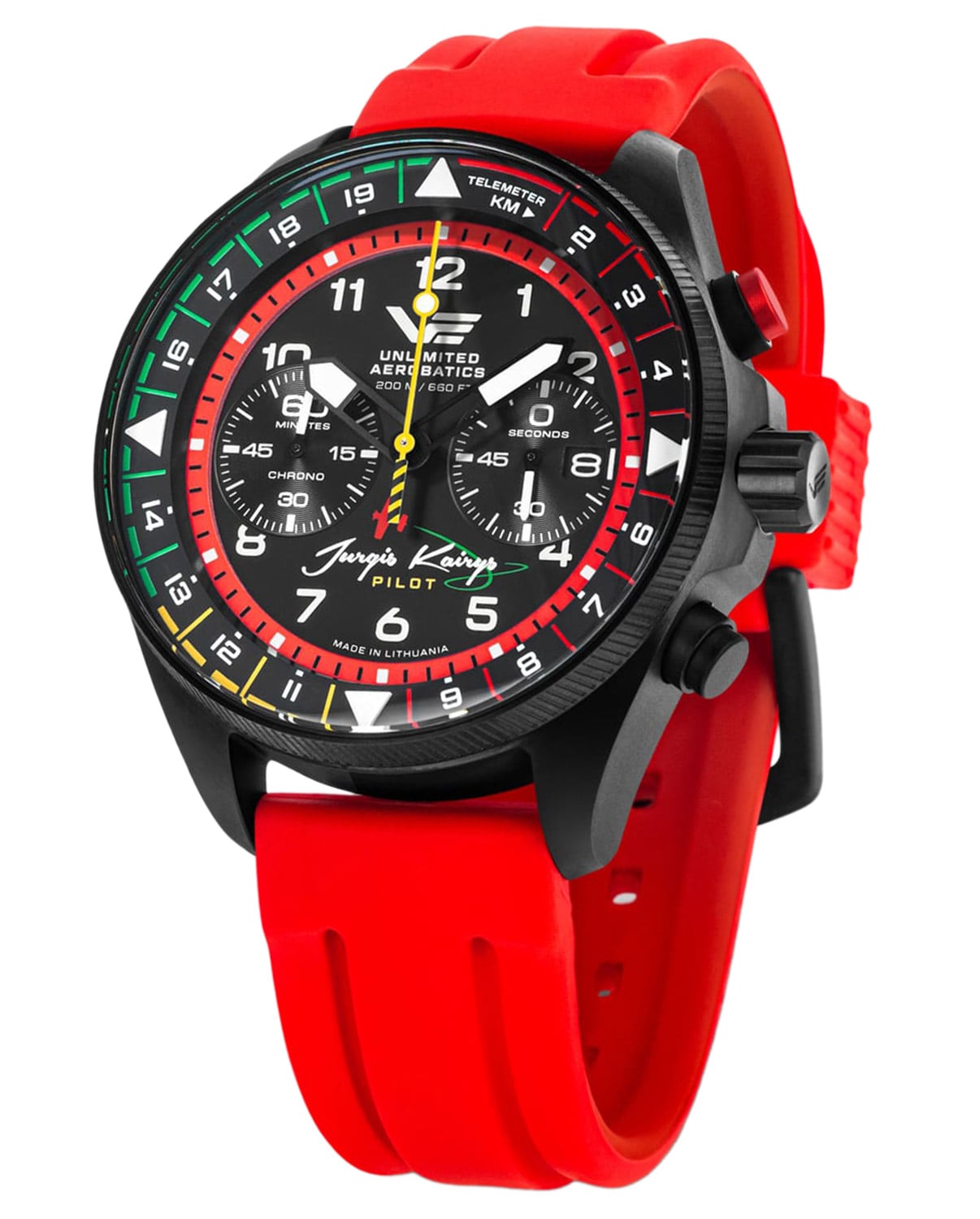 Vostok Europe Herren-Chronograph mit rotem Silikonarmband, schwarzem Gehäuse und Leuchtziffern.