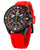 Vostok Europe Herren-Chronograph mit rotem Silikonarmband, schwarzem Gehäuse und Leuchtziffern.