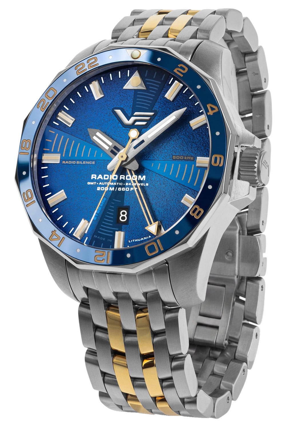 Vostok Europe Herrenuhr mit blauem Zifferblatt, GMT-Lünette und Edelstahlband mit Goldakzenten