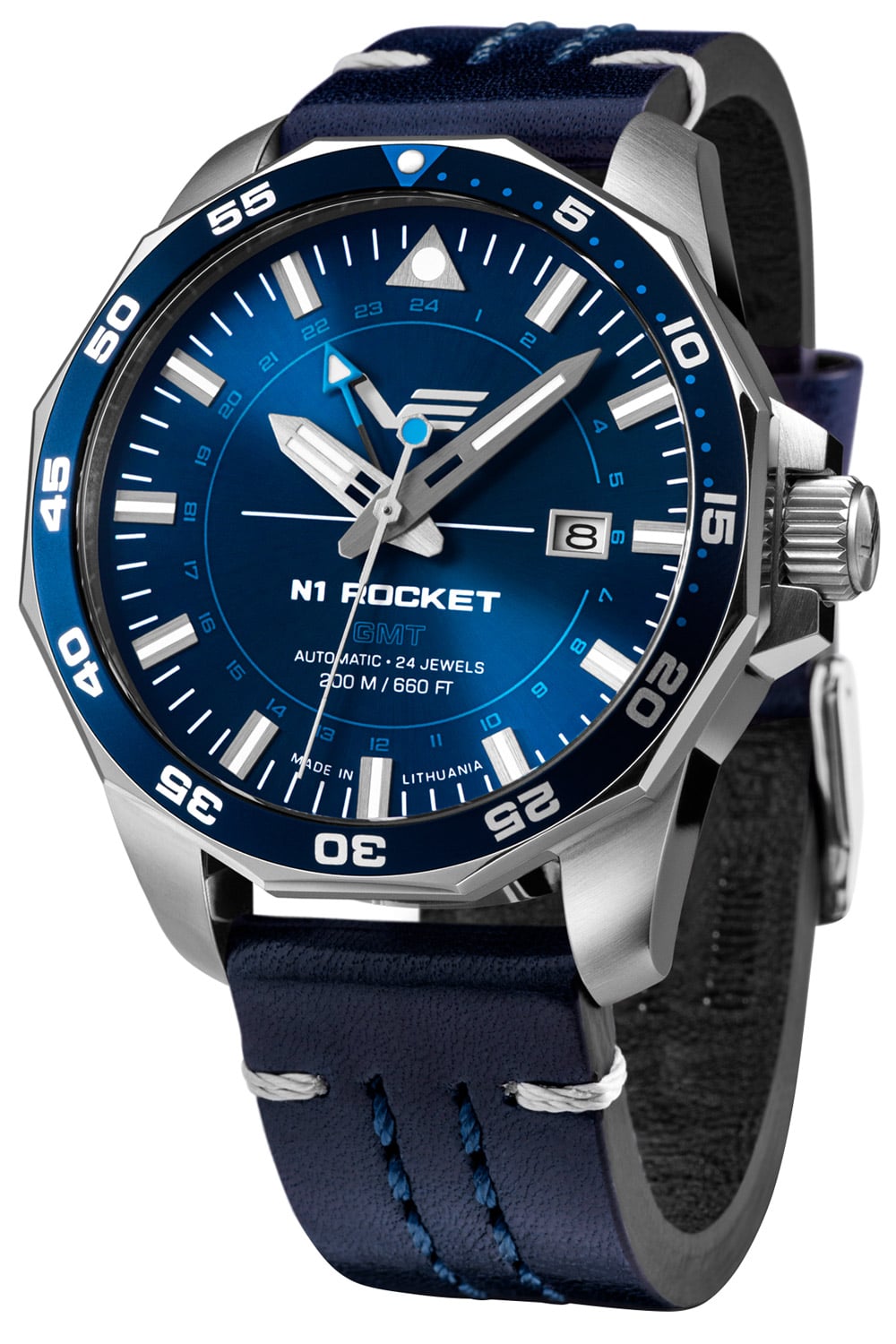 Herren-Armbanduhr mit blauem Zifferblatt, dunkelblauem Lederarmband und Stahllünette