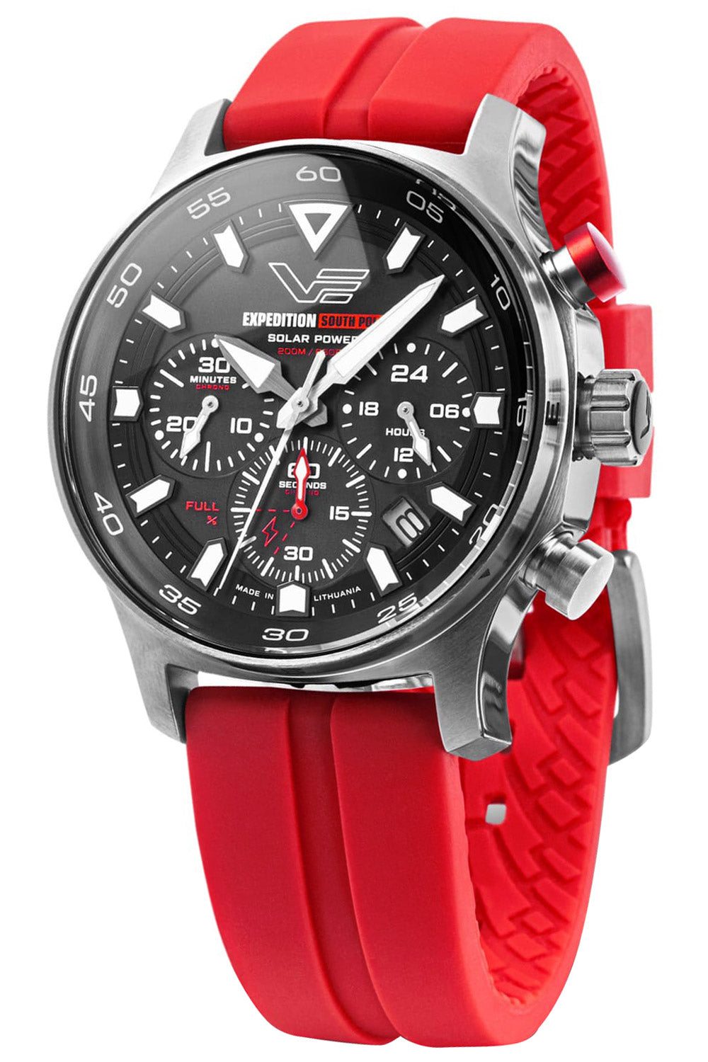 Herren-Chronograph: schwarzes Zifferblatt, rotes Kautschukband, Stahllünette