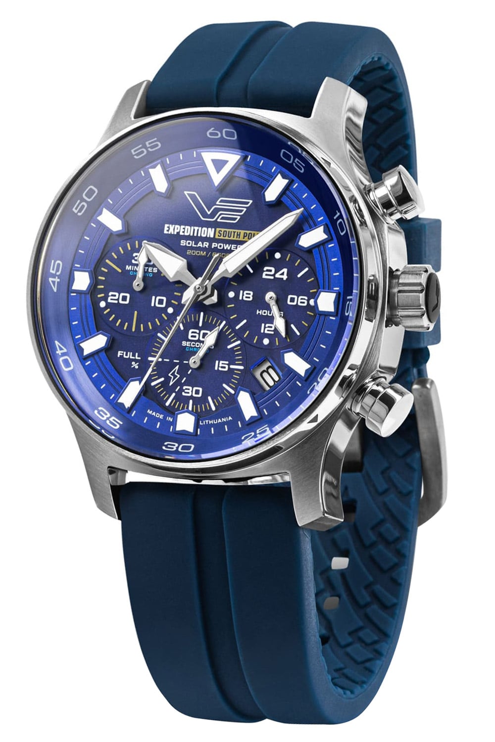 Vostok Europe Herrenuhr, Solar-Chronograph mit blauem Zifferblatt und Silikonarmband