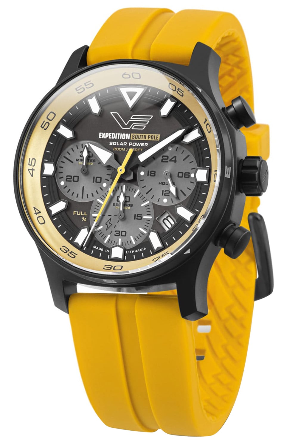 Herren-Chronograph: gelbes Silikonarmband, schwarzes Gehäuse, Zifferblatt mit Chrono-Subdials