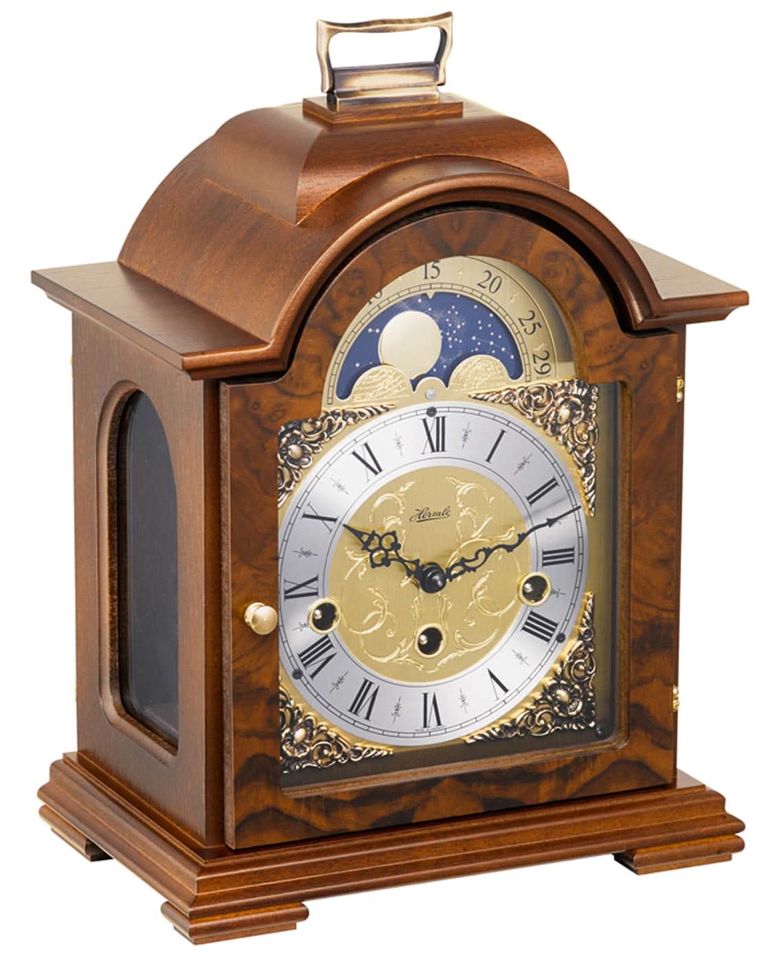 Horloge de table en bois avec cadran à phases lunaires, chiffres romains et bordure décorative