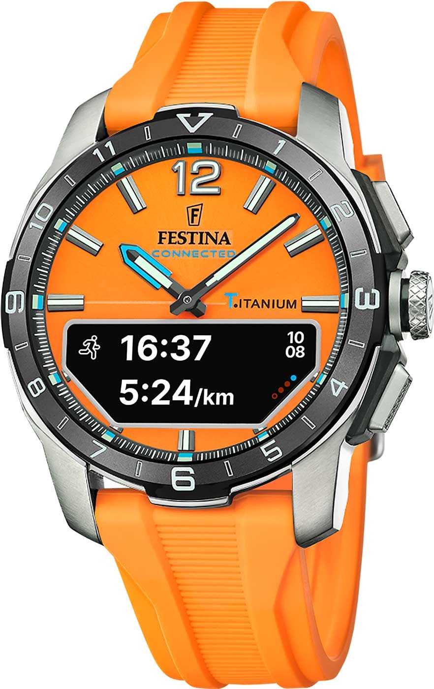 Montre connectée Festina pour homme avec bracelet en silicone orange, cadran noir et boîtier en titane