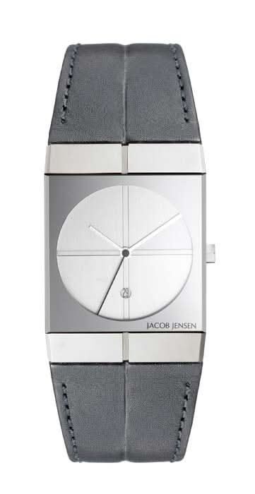 Montre unisexe avec boîtier argenté, cadran blanc et bracelet en cuir gris, par JACOB JENSEN