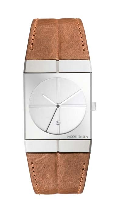 Montre pour homme Jacob Jensen avec bracelet en cuir marron, boîtier argenté et cadran blanc
