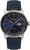 Montre pour homme avec cadran bleu foncé, boîtier argenté et bracelet en cuir bleu.