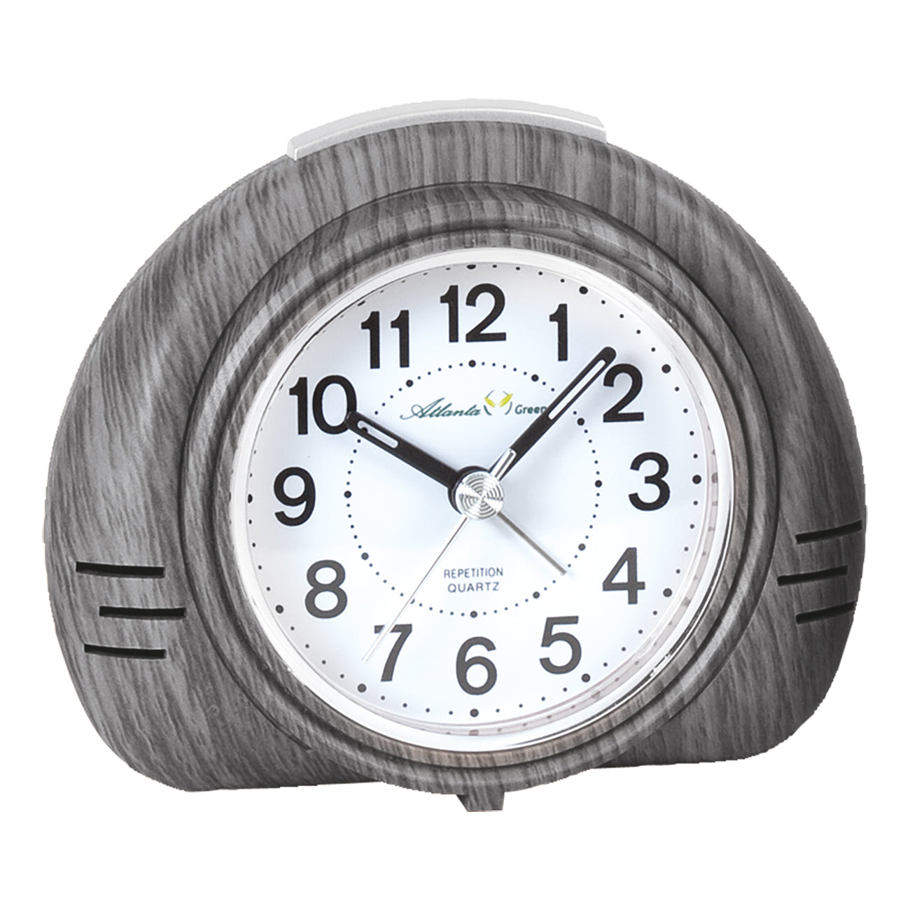 Réveil avec boîtier imitation grain de bois gris-brun et cadran blanc, chiffres noirs