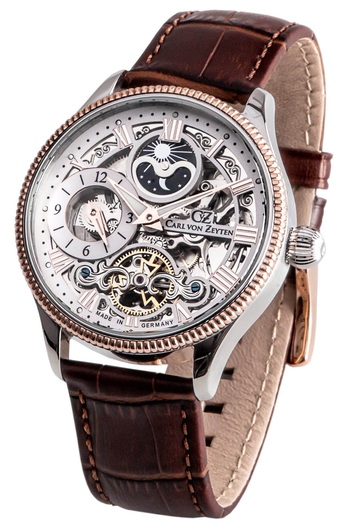 Herrenuhr mit Skelettzifferblatt, braunem Lederarmband und silberner Lünette