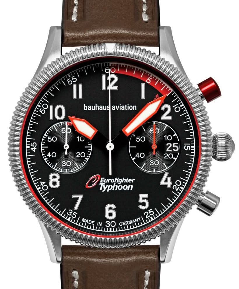 Montre chronographe pour homme avec cadran noir, accents rouges, bracelet en cuir