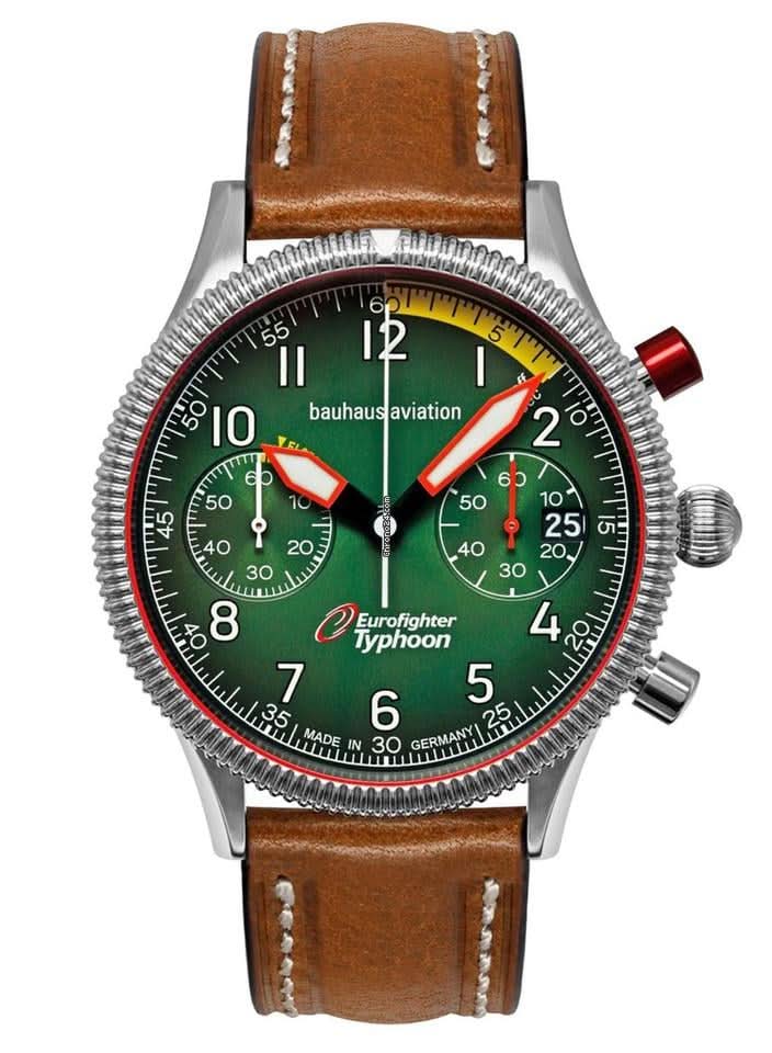 Montre bracelet pour homme chronographe : bracelet en cuir marron, cadran vert, boîtier en acier inoxydable