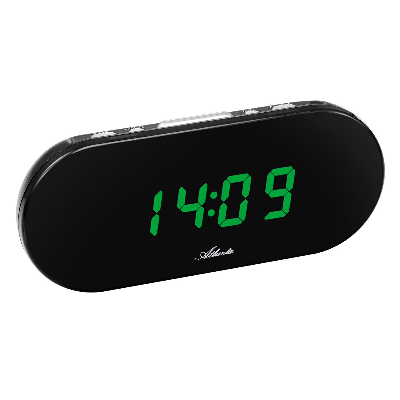 Réveil LED Atlanta, boîtier noir avec affichage vert, heure 14:09
