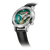 Bulova Accutron Herrenarmbanduhr Seitenansicht: grünes Zifferblatt mit sichtbarem Werk, schwarzes Lederband.