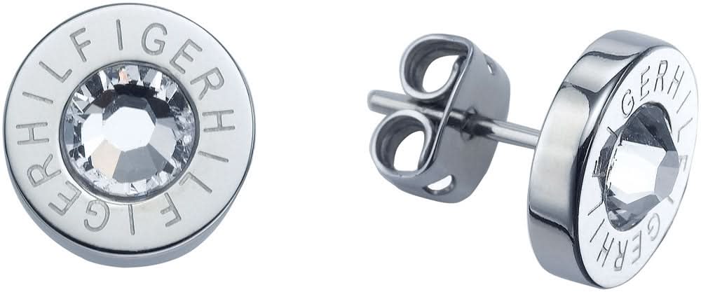 Clous d'oreilles Tommy Hilfiger argentés avec pierre ronde et petit anneau logo.