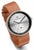 Montre pour femme portée au poignet, bracelet en cuir marron, cadran argenté avec index jaunes