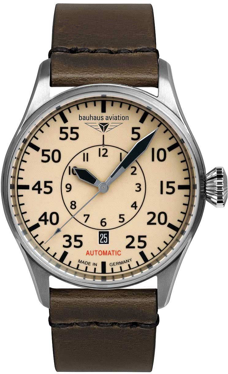 Montre homme avec bracelet en cuir marron, cadran beige et mouvement automatique, lunette argentée