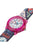 Montre pour fille avec bordure rose pailletée, cadran blanc et motif sur le bracelet bleu foncé