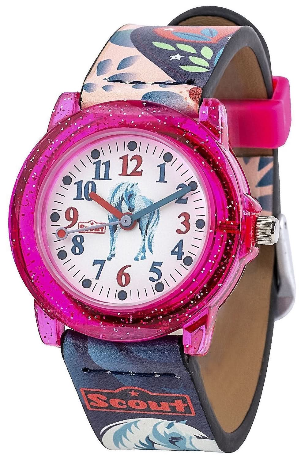Montre pour fille avec boîtier rose pailleté, cadran blanc et motif licorne sur le bracelet