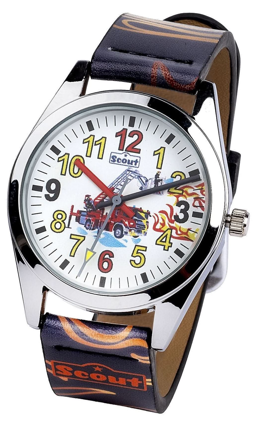 Montre analogique avec boîtier argenté, bracelet à motif bleu et cadran multicolore