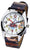 Montre analogique avec boîtier argenté, bracelet à motif bleu et cadran multicolore