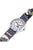 Montre enfant inclinée : bracelet dinosaure bleu, boîtier argenté, cadran d'apprentissage des chiffres