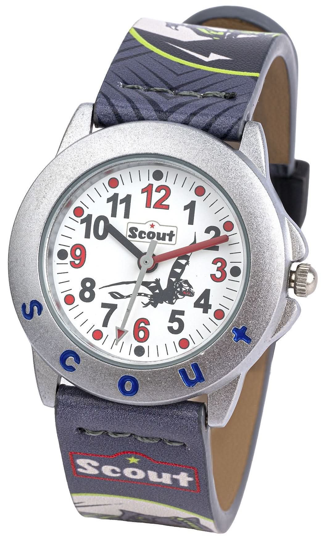 Montre enfant argentée avec bracelet bleu dinosaure et cadran d'apprentissage