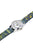 Montre enfant avec lunette argentée et bracelet bleu-vert, portée en biais, imprimé dragon