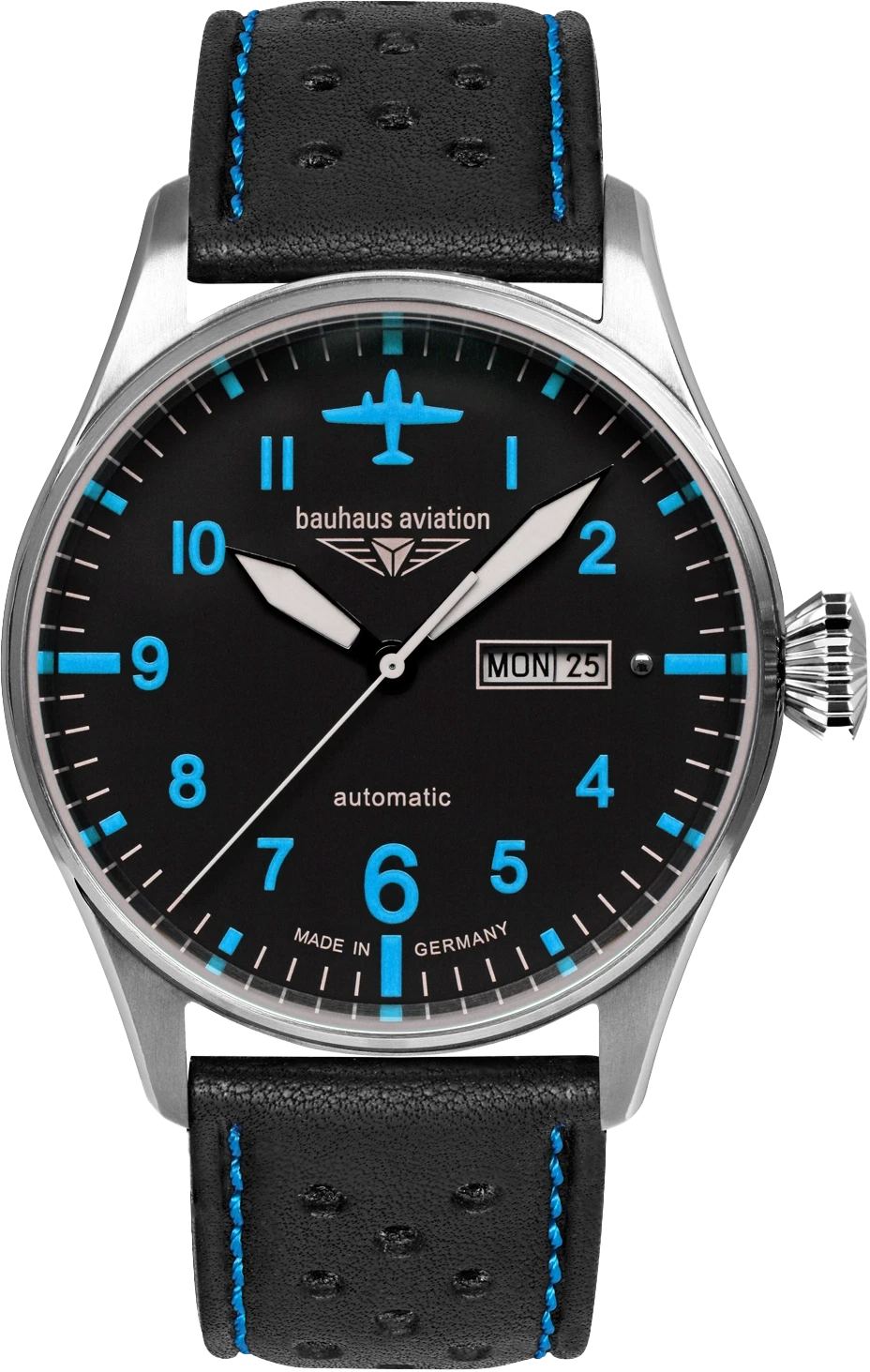 Bracelet pour homme avec cadran noir, boîtier argenté et bracelet en cuir bleu contrastant