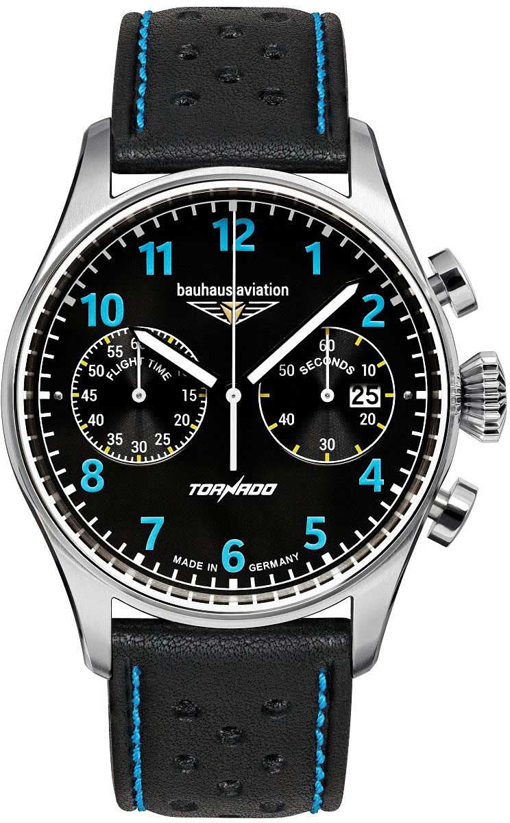 Montre aviateur pour homme avec cadran noir, index bleus et bracelet en cuir