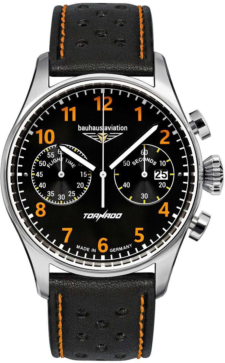 Montre homme avec cadran noir, chiffres orange, bracelet en cuir avec surpiqûres orange