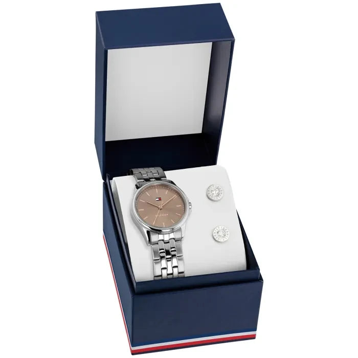 Tommy Hilfiger Damenarmbanduhr: silbernes Metallarmband, rundes beiges Zifferblatt