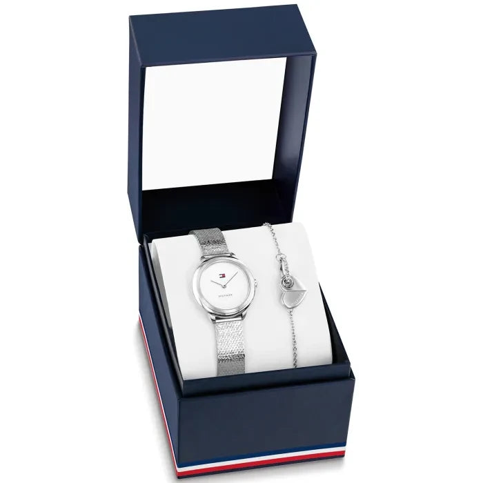 Tommy Hilfiger Damenarmbanduhr mit rundem silbernem Zifferblatt und Edelstahlarmband