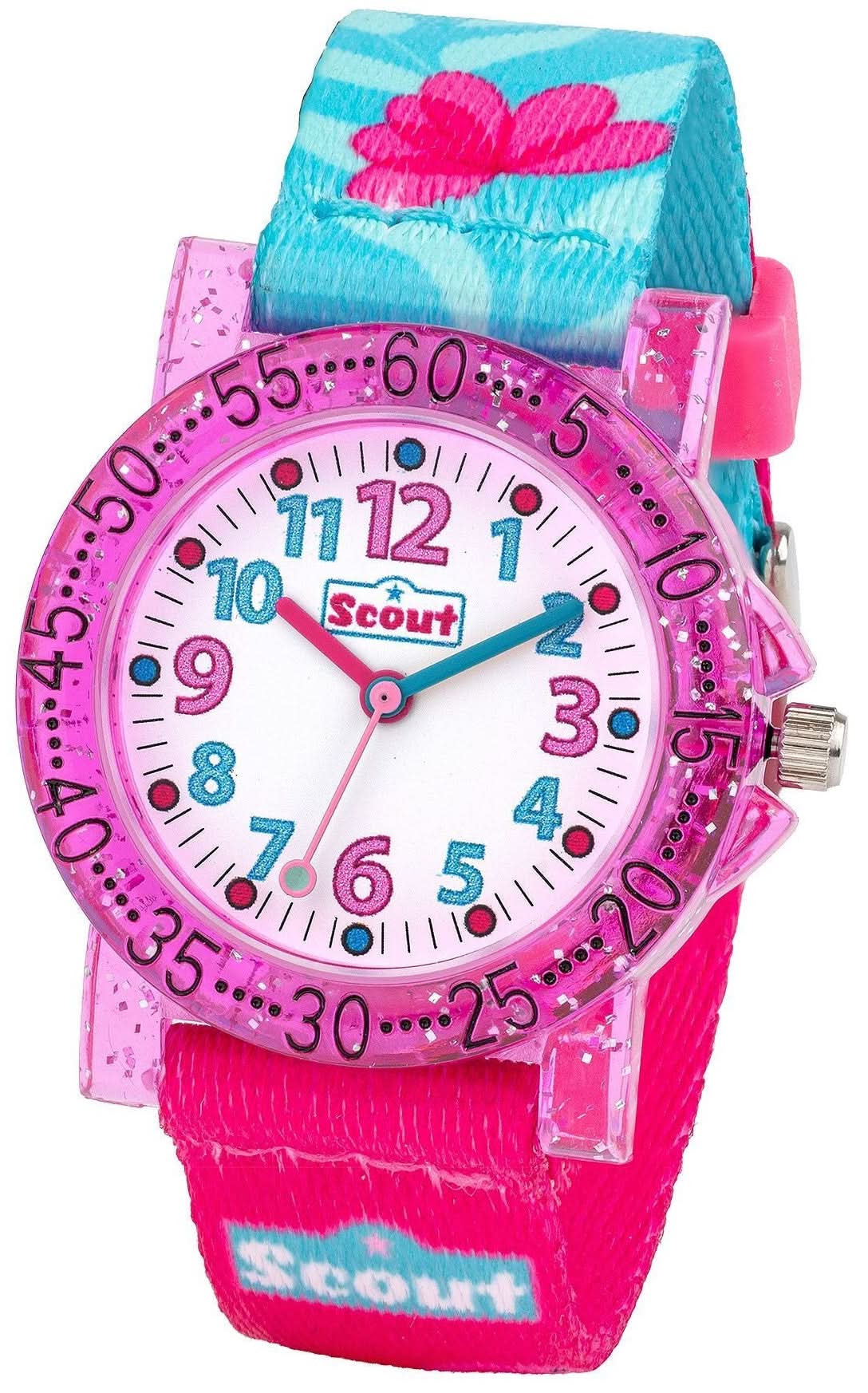 Montre d'apprentissage analogique pour filles avec bracelet rose, bande florale bleu turquoise et cadran coloré