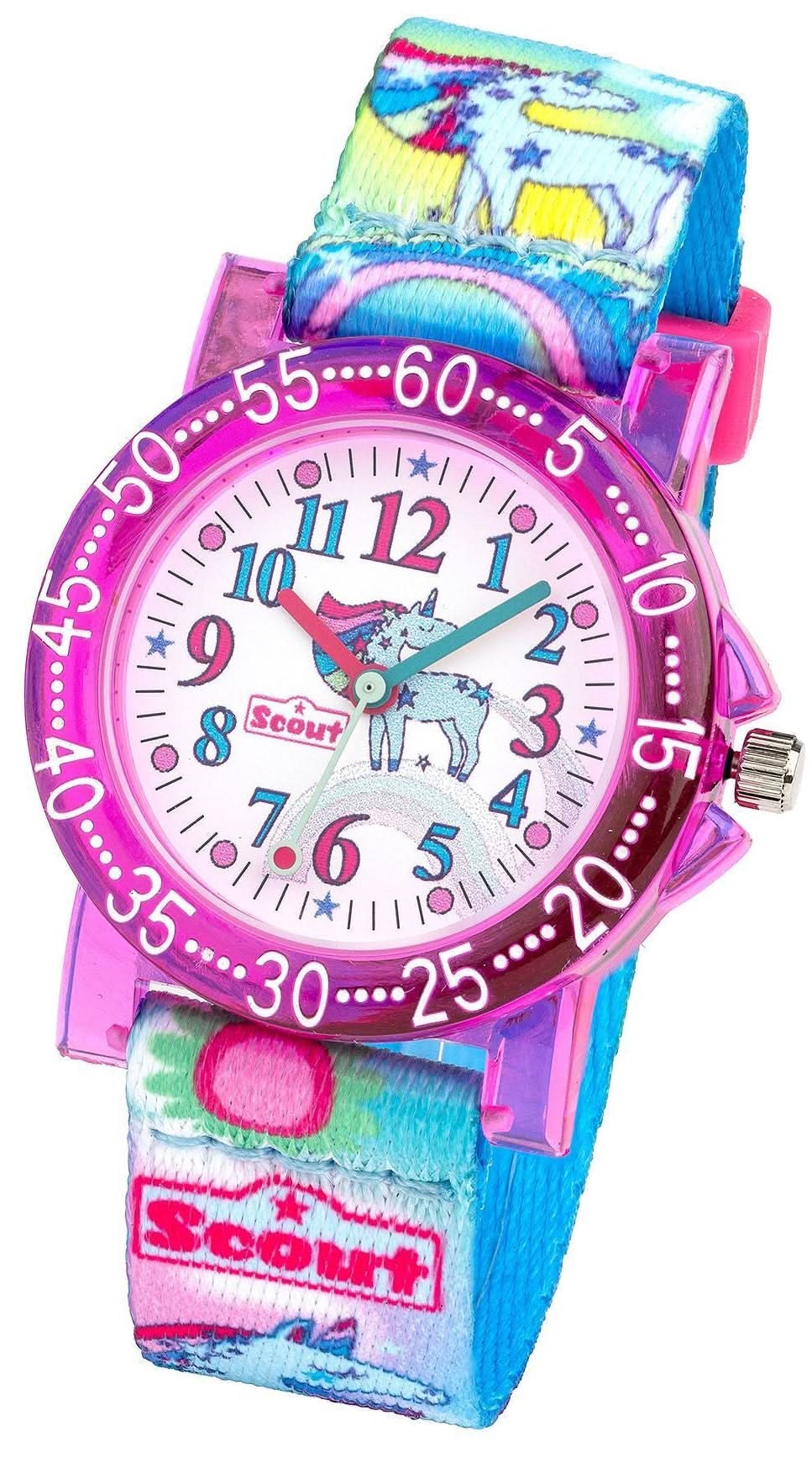 Bracelet pour fille, cadran violet avec motif licorne, bracelet textile multicolore