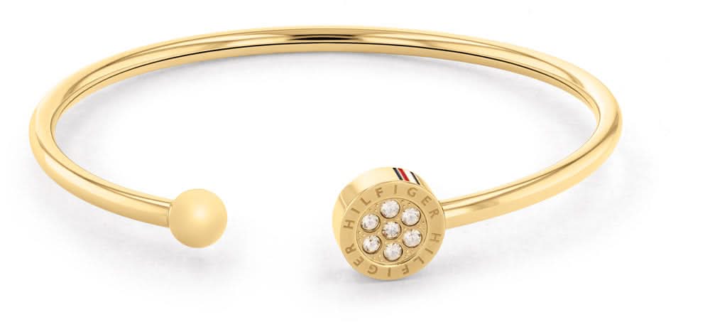 Goldfarbenes Armband mit runder Perle und Zierplatte mit funkelnden Steinen