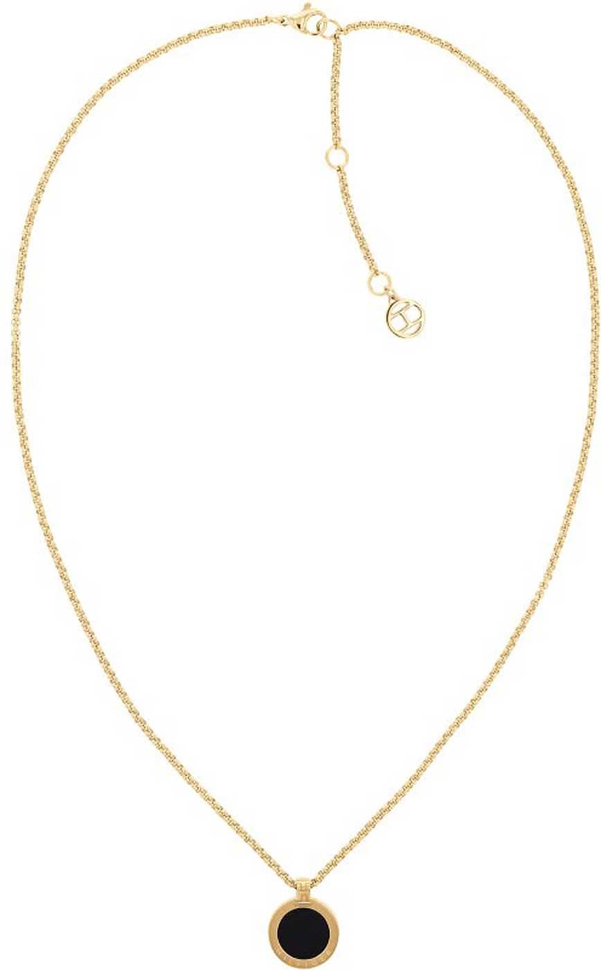 Goldene Halskette mit schwarzem rundem Anhänger und kleinem Symbol-Anhänger