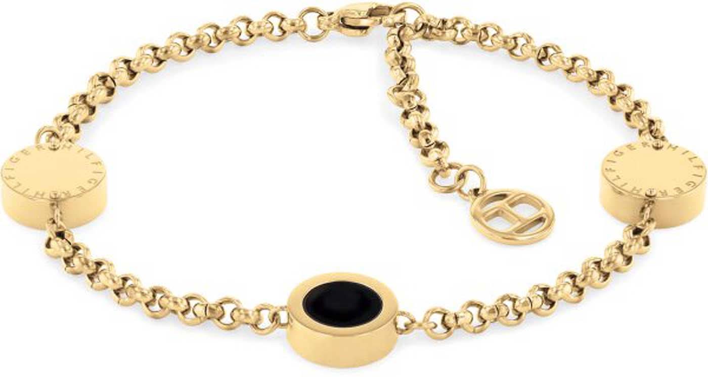 Bracelet avec breloques, chaîne dorée, breloques rondes et pièce d'insertion noire