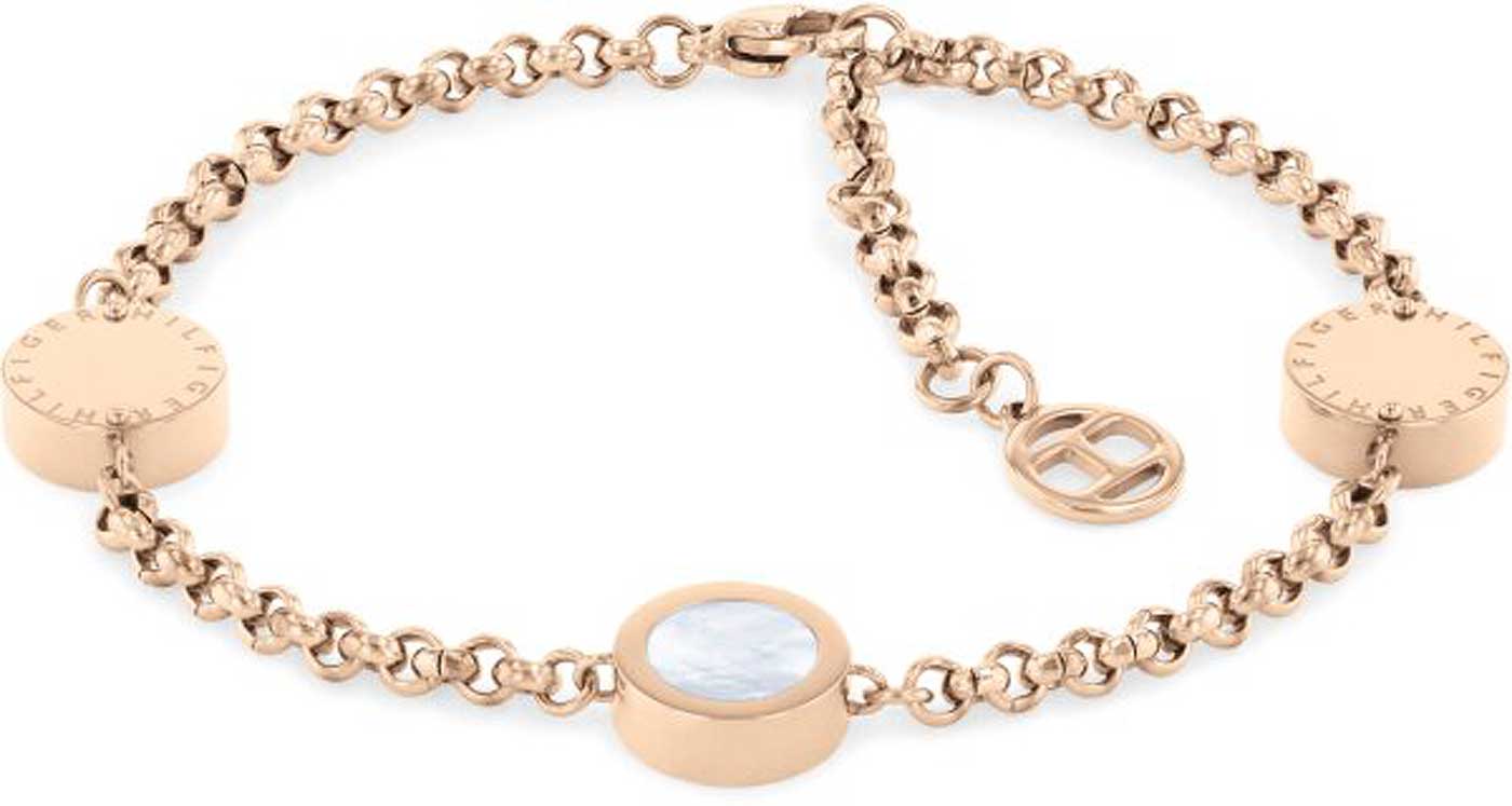 Bracelet Tommy Hilfiger avec breloques, chaîne dorée et pendentif ovale avec insert bleu