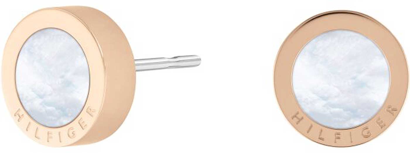 Runde Ohrstecker mit hellem Stein, roségoldfarbenes Metall, Hilfiger-Schrift