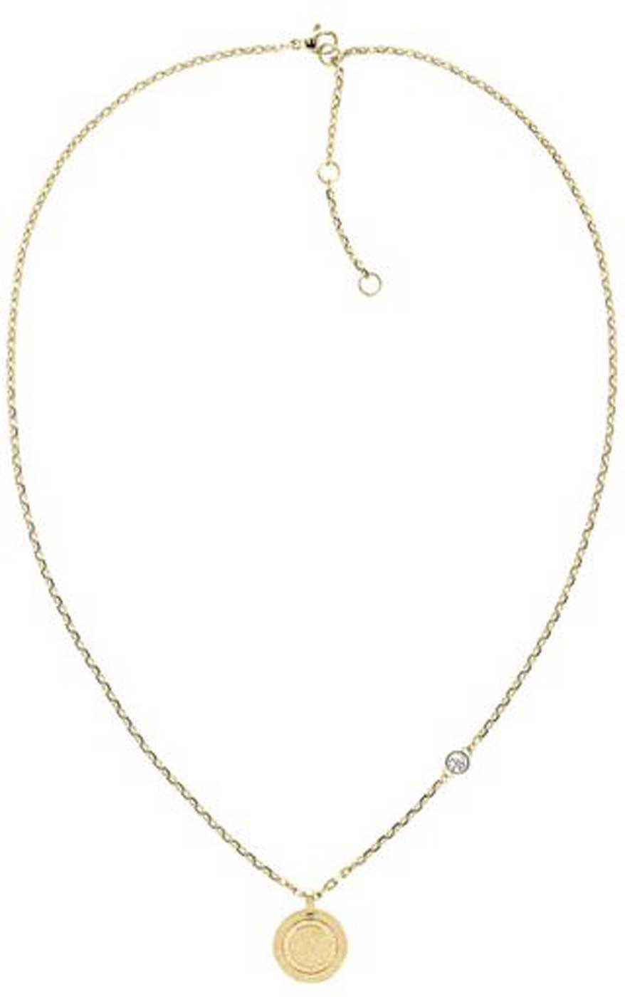 Collier doré avec pendentif rond et chaîne à maillons fins, fermoir mousqueton.