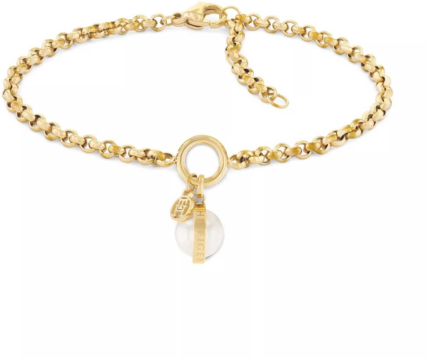 Bracelet chaîne doré avec breloque perle et médaille ronde
